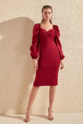 16369 Claret Red Satin Balloon Sleeve Bodycon Dress