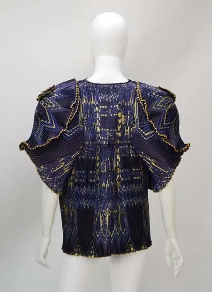 1970s Zandra Rhodes Navy and Gold Pleated Jacket