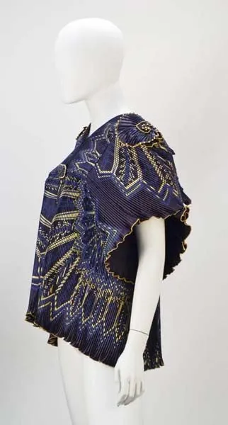 1970s Zandra Rhodes Navy and Gold Pleated Jacket