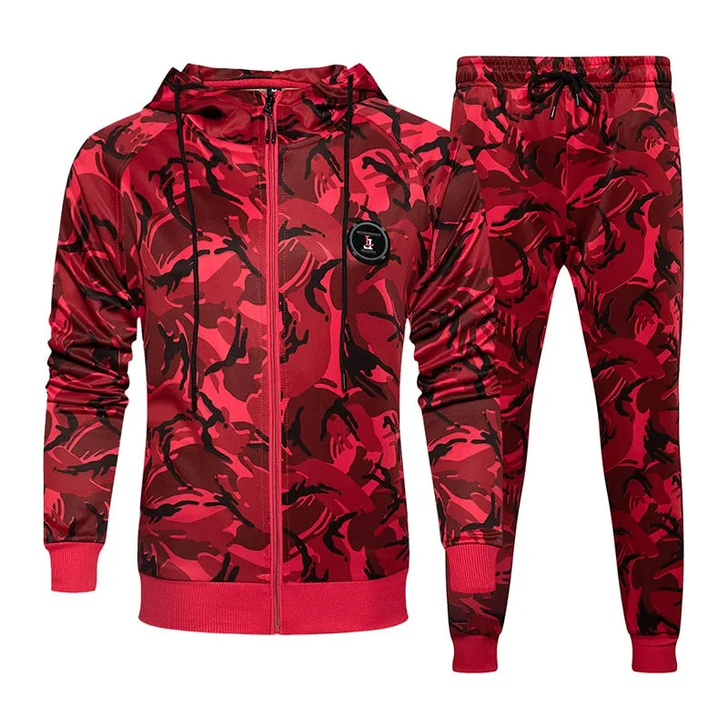 2 Piece Camouflage Sweatshirts Jacket   Pants Sets Camo Men Tracksuit Hooded Outerwear Hoodie Set