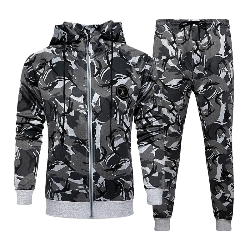 2 Piece Camouflage Sweatshirts Jacket   Pants Sets Camo Men Tracksuit Hooded Outerwear Hoodie Set