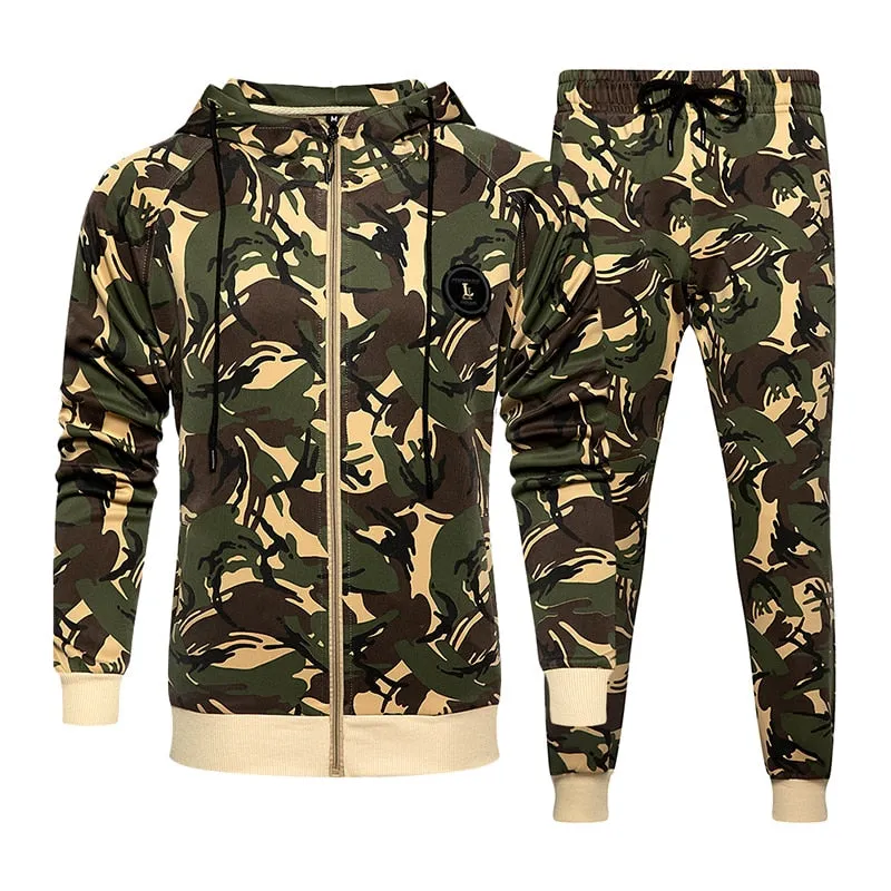 2 Piece Camouflage Sweatshirts Jacket   Pants Sets Camo Men Tracksuit Hooded Outerwear Hoodie Set