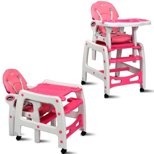 3 in 1 Baby High Chair with Lockable Universal Wheels-Pink