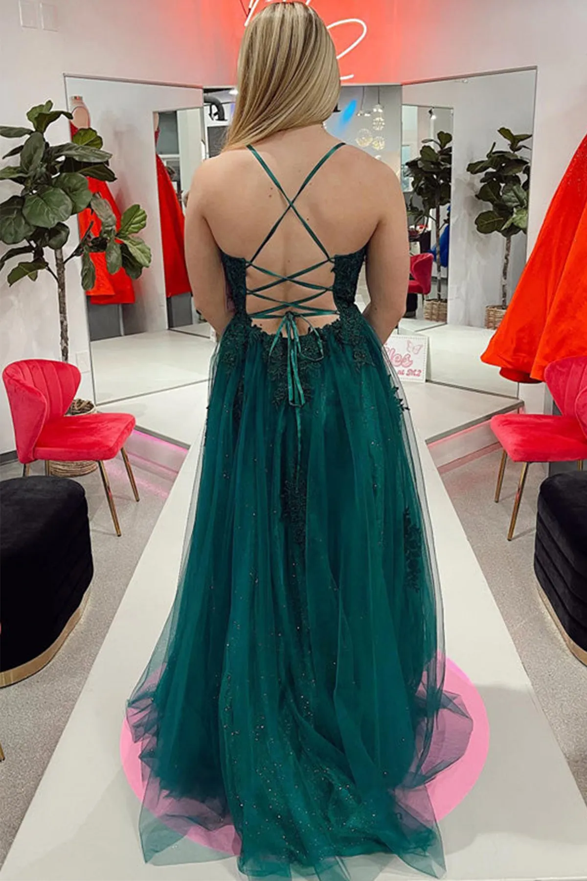 A Line Open Back Green Tulle Lace Long Prom Dress with High Slit, Green Lace Formal Graduation Evening Dress A1473