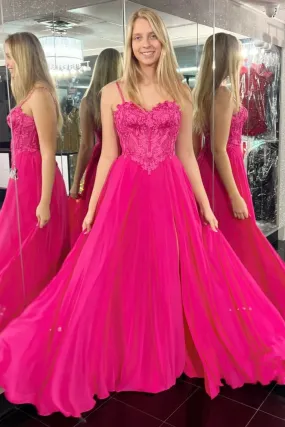 A Line Spaghetti Straps Sweetheart Neck Magenta Lace Long Prom Dress, Long Magenta Formal Graduation Evening Dress A2092