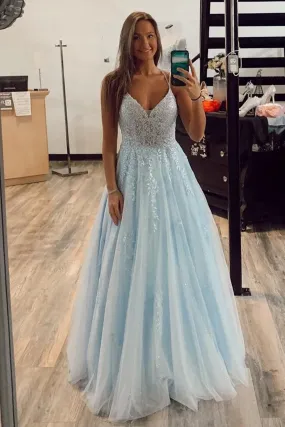 A Line V Neck Backless Baby Blue Lace Long Prom Dress, Baby Blue Lace Formal Graduation Evening Dress A1488