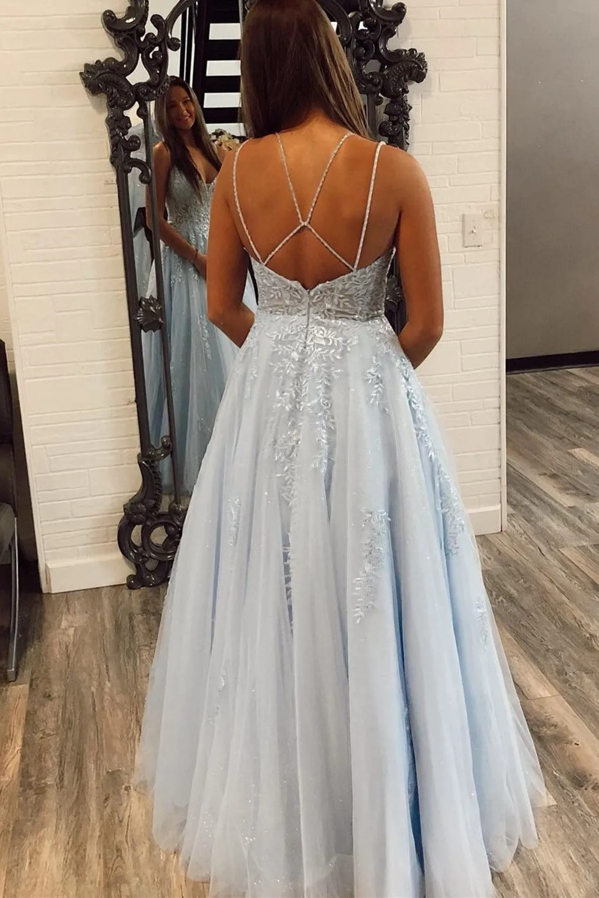 A Line V Neck Backless Baby Blue Lace Long Prom Dress, Baby Blue Lace Formal Graduation Evening Dress A1488