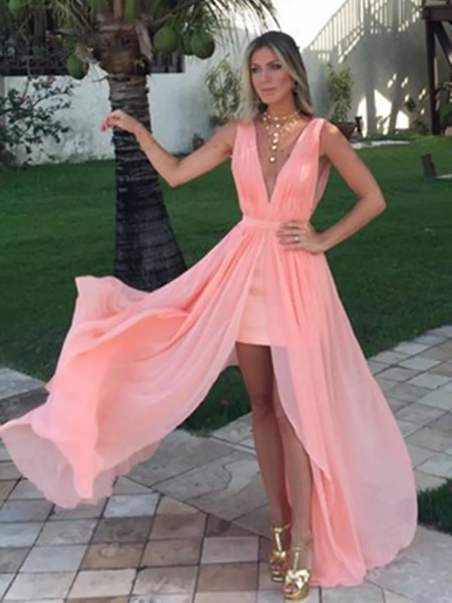 A Line V Neck Ruffles Pink Chiffon Long Prom, Pink V Neck Formal, Pink Long Evening