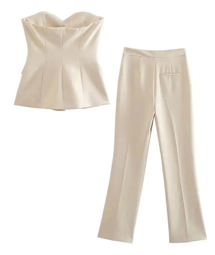 A&A Strapless Button Straight Leg Pant Suit