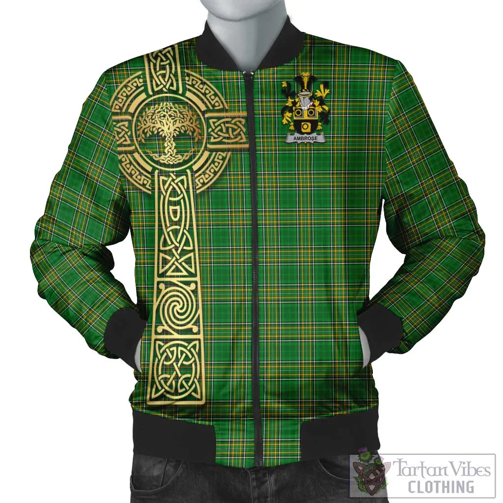 Ambrose Irish Clan Tartan Bomber Jacket with Coat of Arms Celtic Tree of Life Style