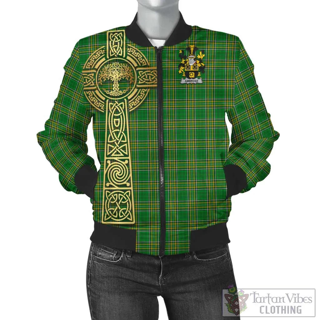 Ambrose Irish Clan Tartan Bomber Jacket with Coat of Arms Celtic Tree of Life Style