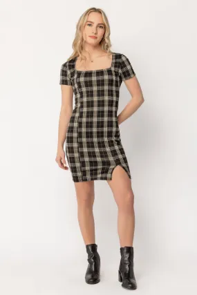 Anna Plaid Square Neck Bodycon Dress