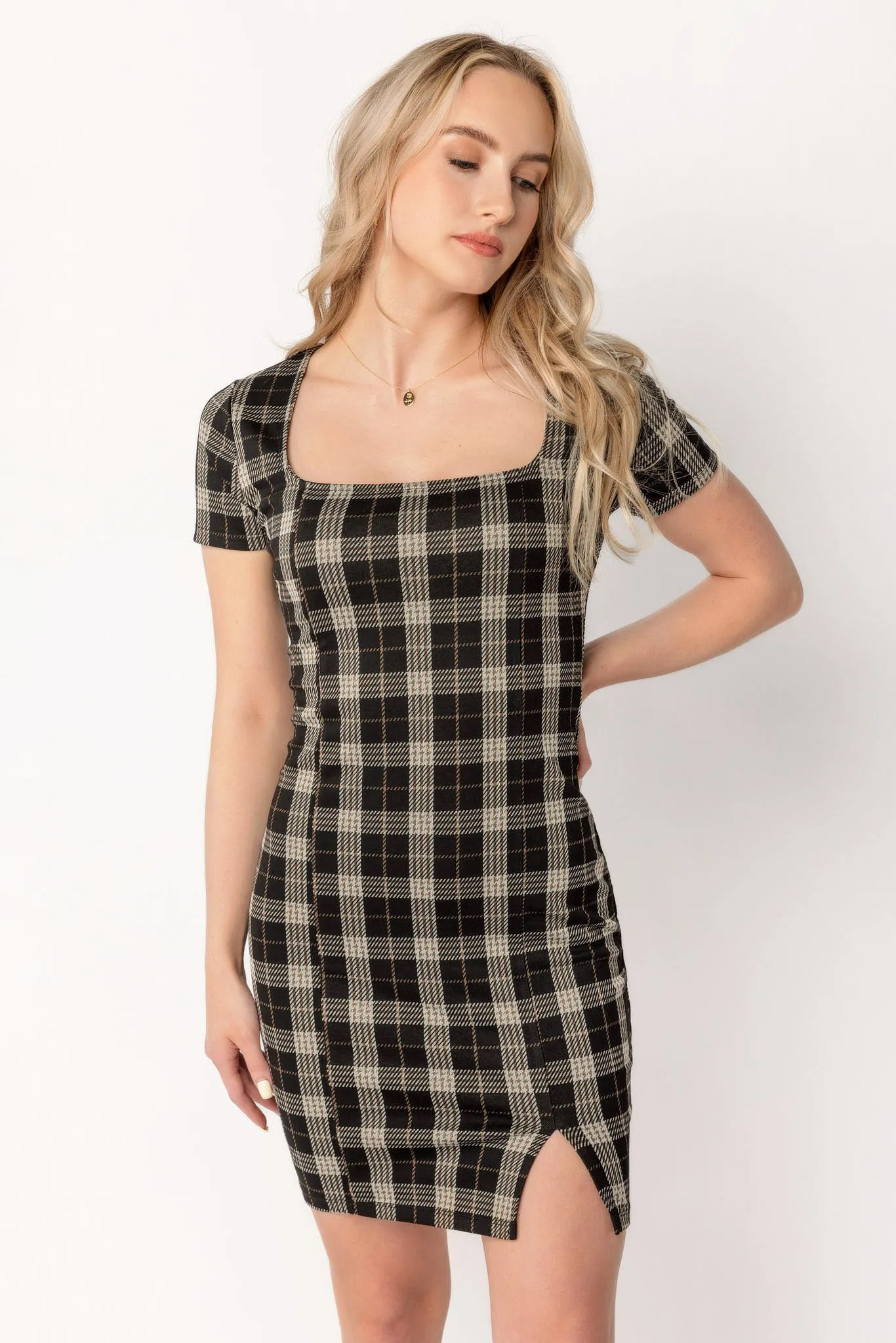 Anna Plaid Square Neck Bodycon Dress