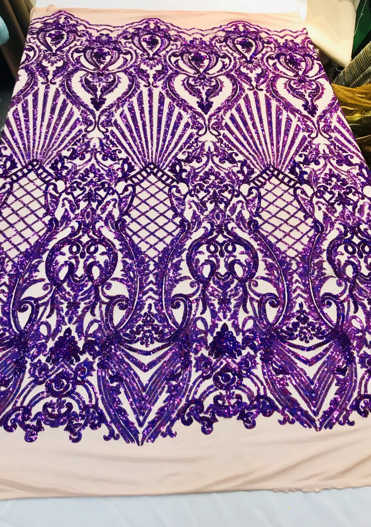 Ariel Damask Sequins Design on a 4 Way Stretch Mesh Fabric- 48/50" Wide- Sold By The Yard.