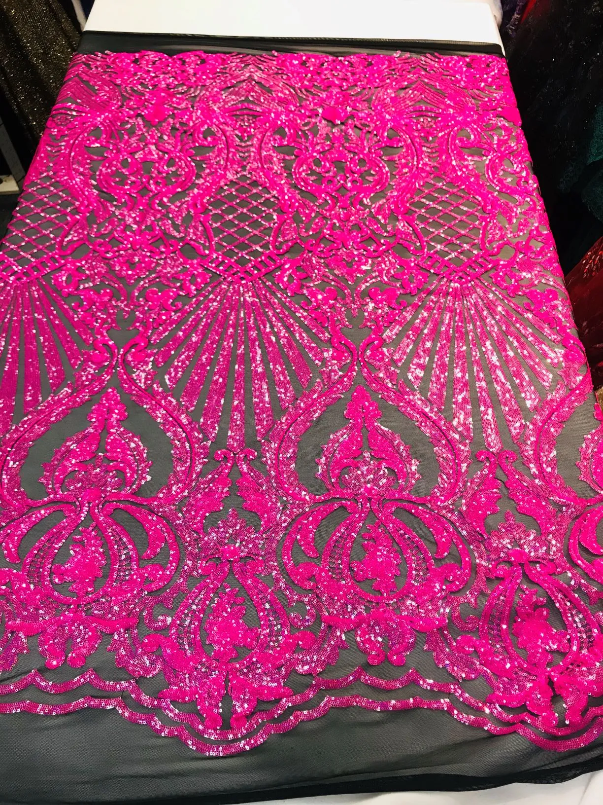 Ariel Damask Sequins Design on a 4 Way Stretch Mesh Fabric- 48/50" Wide- Sold By The Yard.