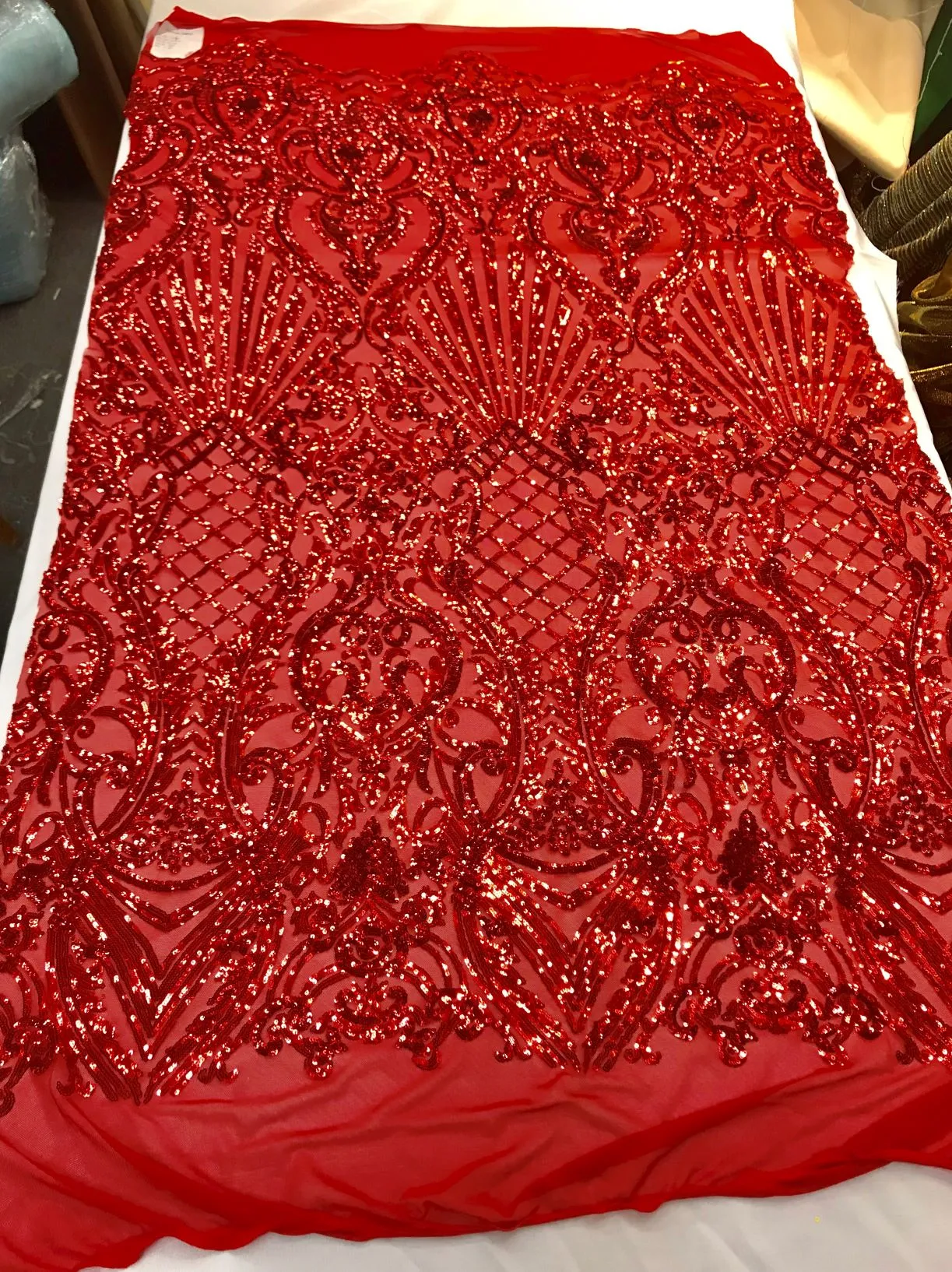 Ariel Damask Sequins Design on a 4 Way Stretch Mesh Fabric- 48/50" Wide- Sold By The Yard.