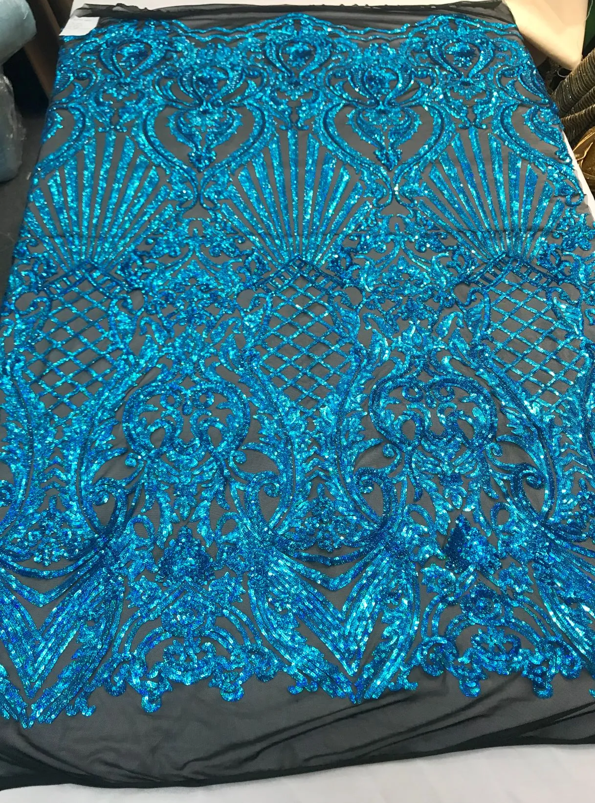 Ariel Damask Sequins Design on a 4 Way Stretch Mesh Fabric- 48/50" Wide- Sold By The Yard.