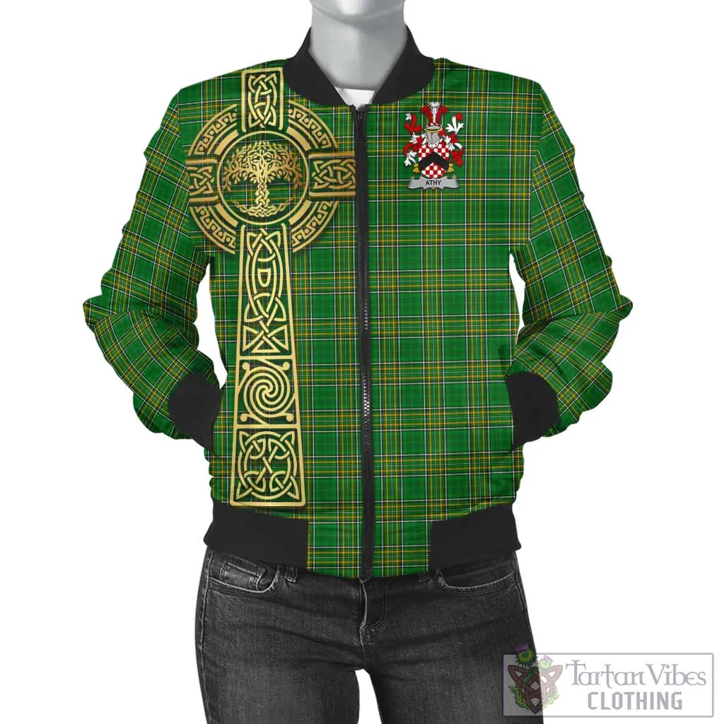 Athy Irish Clan Tartan Bomber Jacket with Coat of Arms Celtic Tree of Life Style