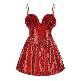 Bernice Dark Red Sequin Corsage Bandaue Mini Dress