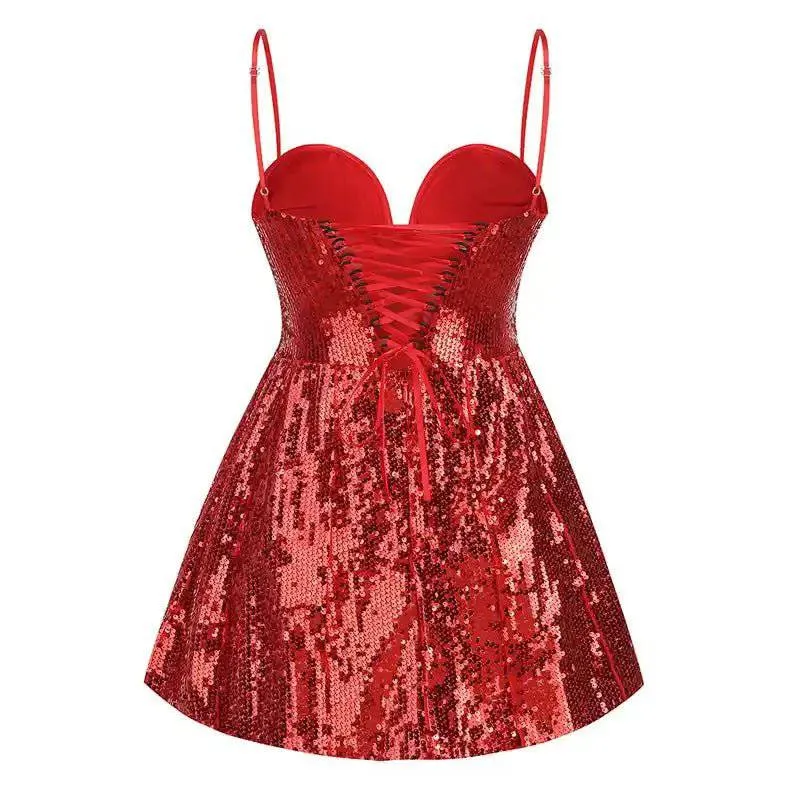 Bernice Dark Red Sequin Corsage Bandaue Mini Dress