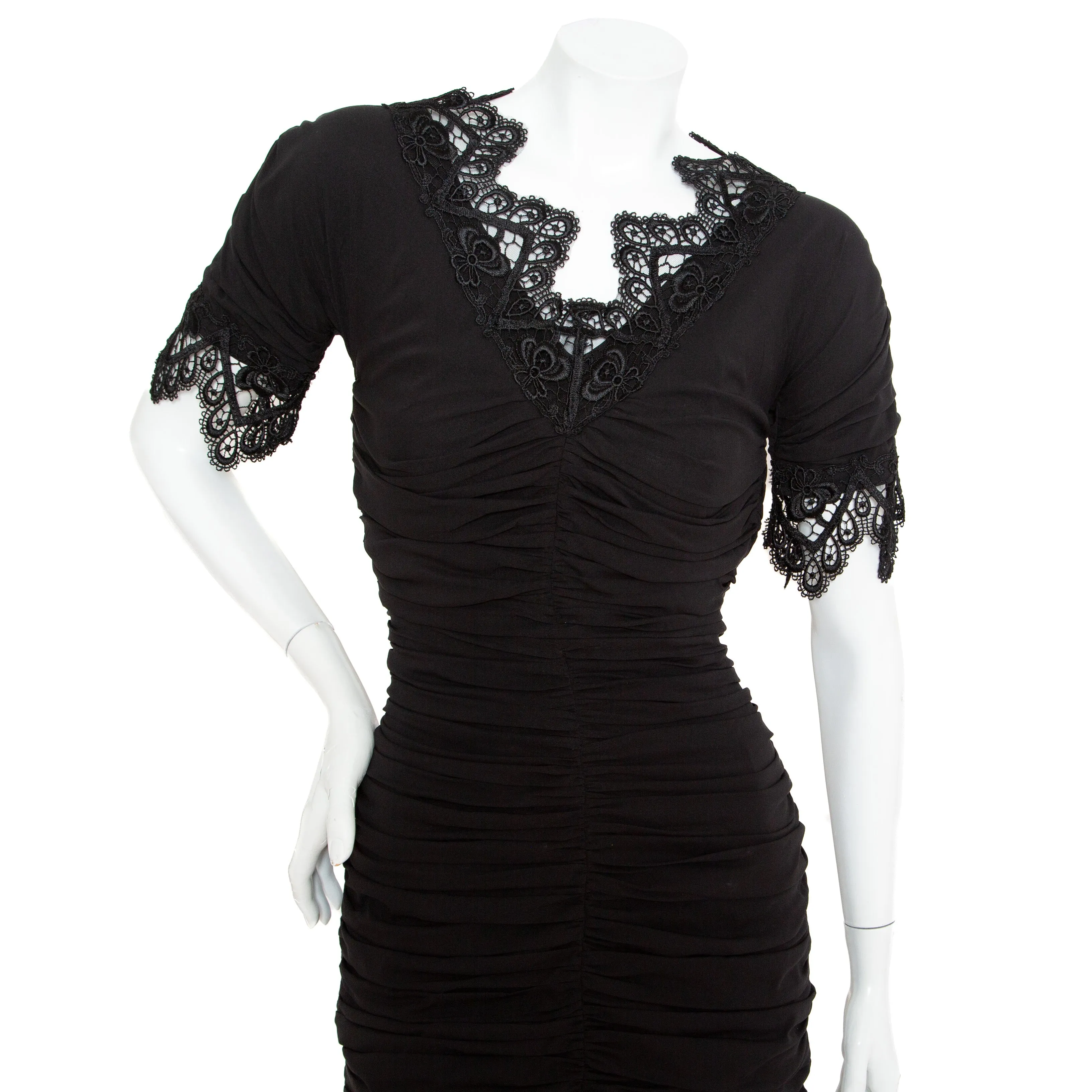 Black Lace Trim Ruched Dress