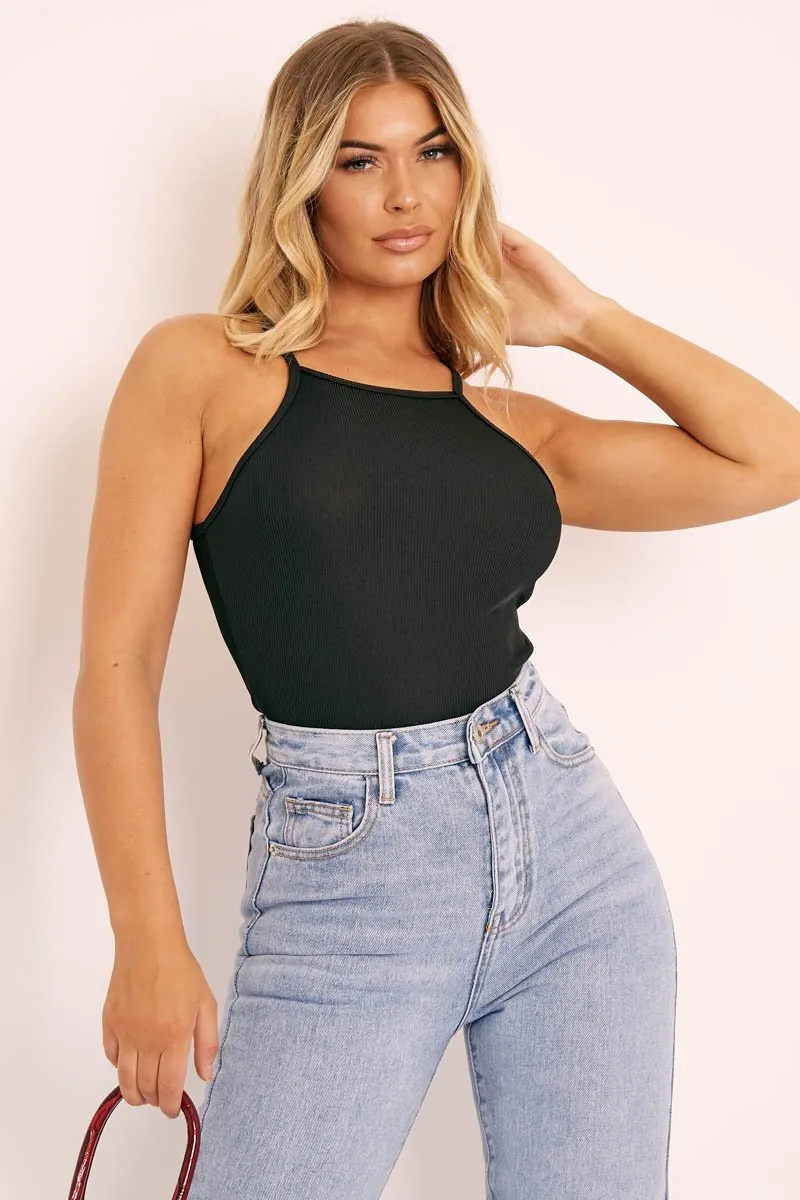 Black Ribbed Racer Neck Top - Daley