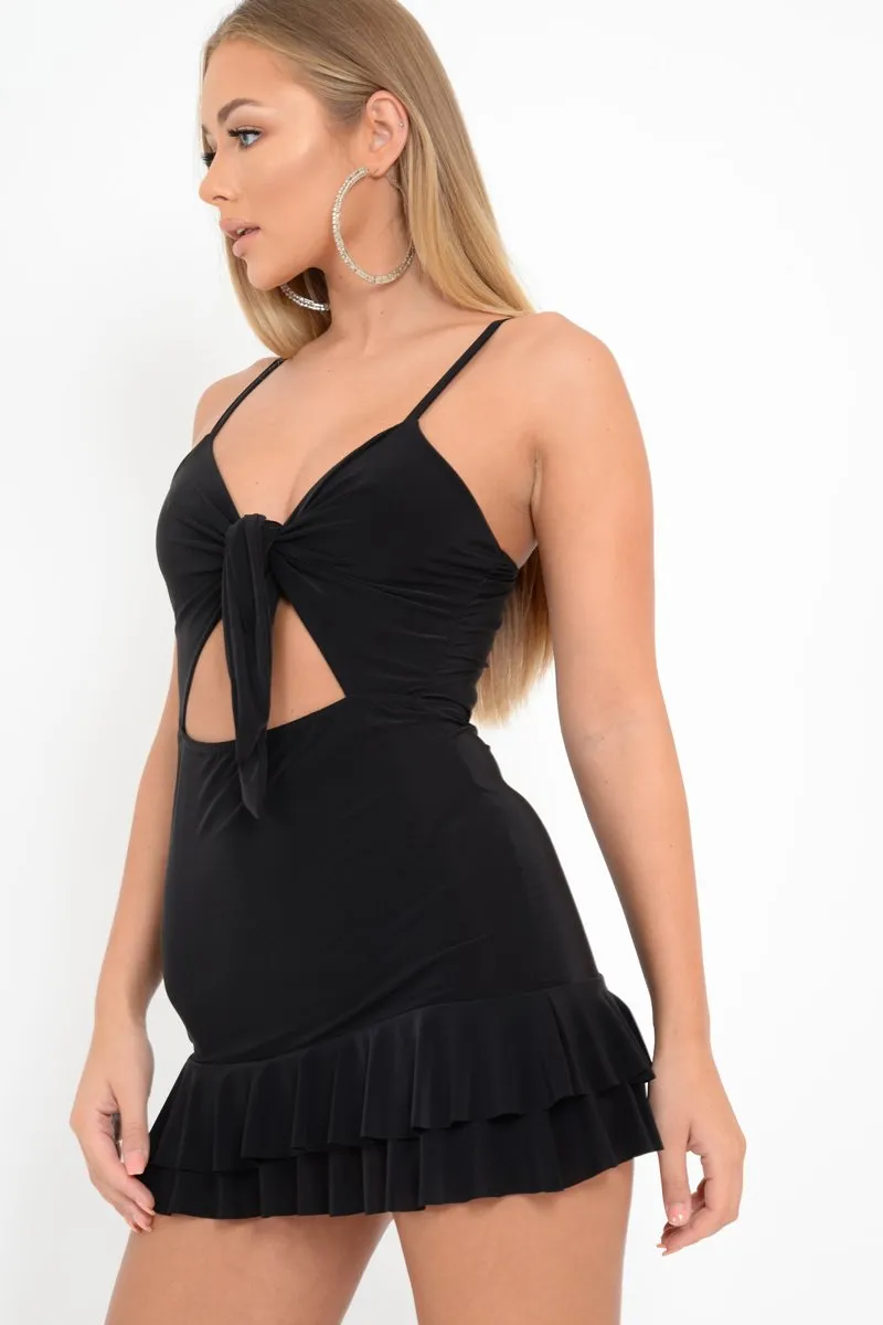 Black Slinky Tie Front Ruffle Dress - Keli