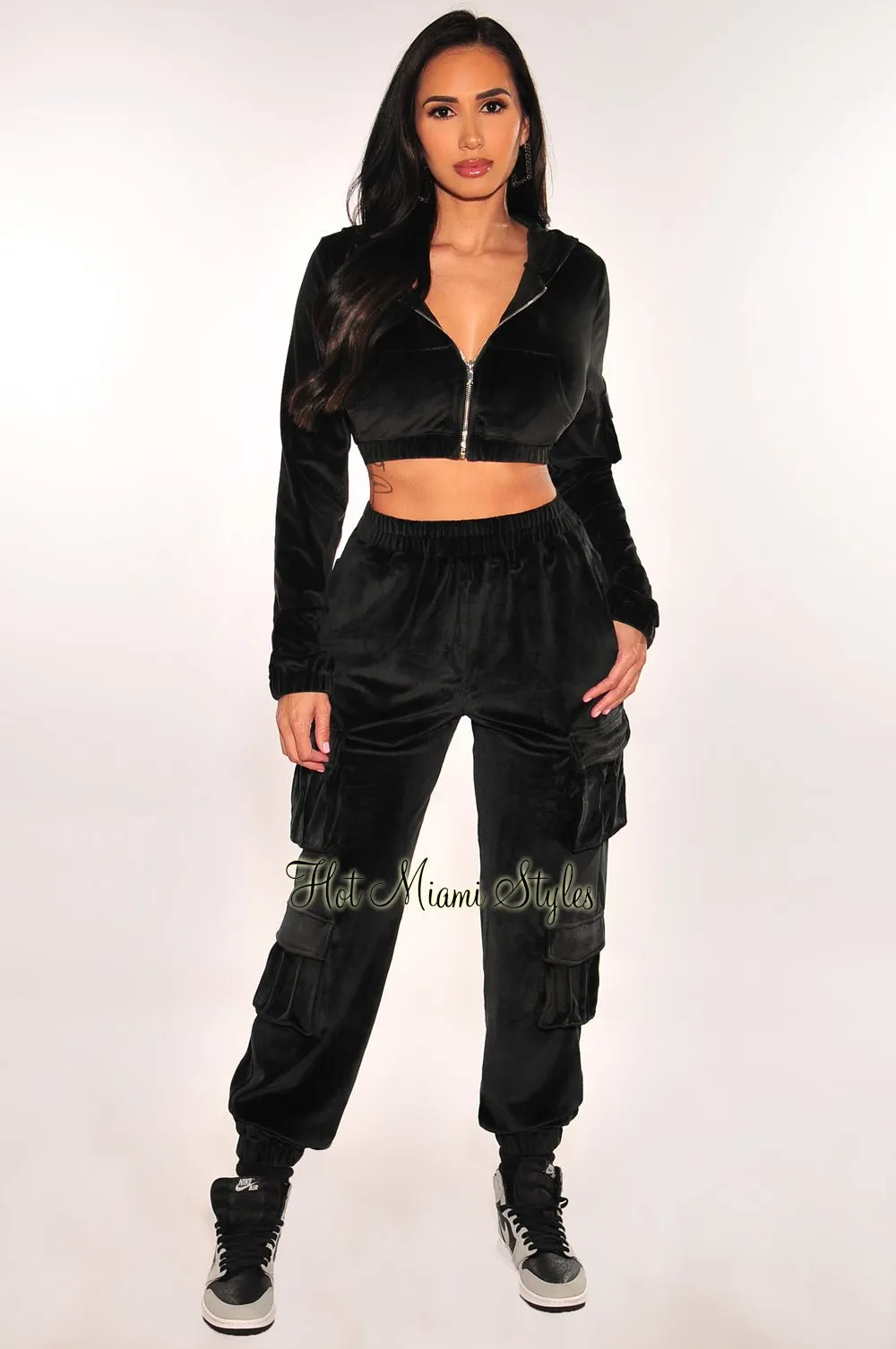 Black Velour Long Sleeve Zip Up Hooded Cargo Joggers Two Piece Set