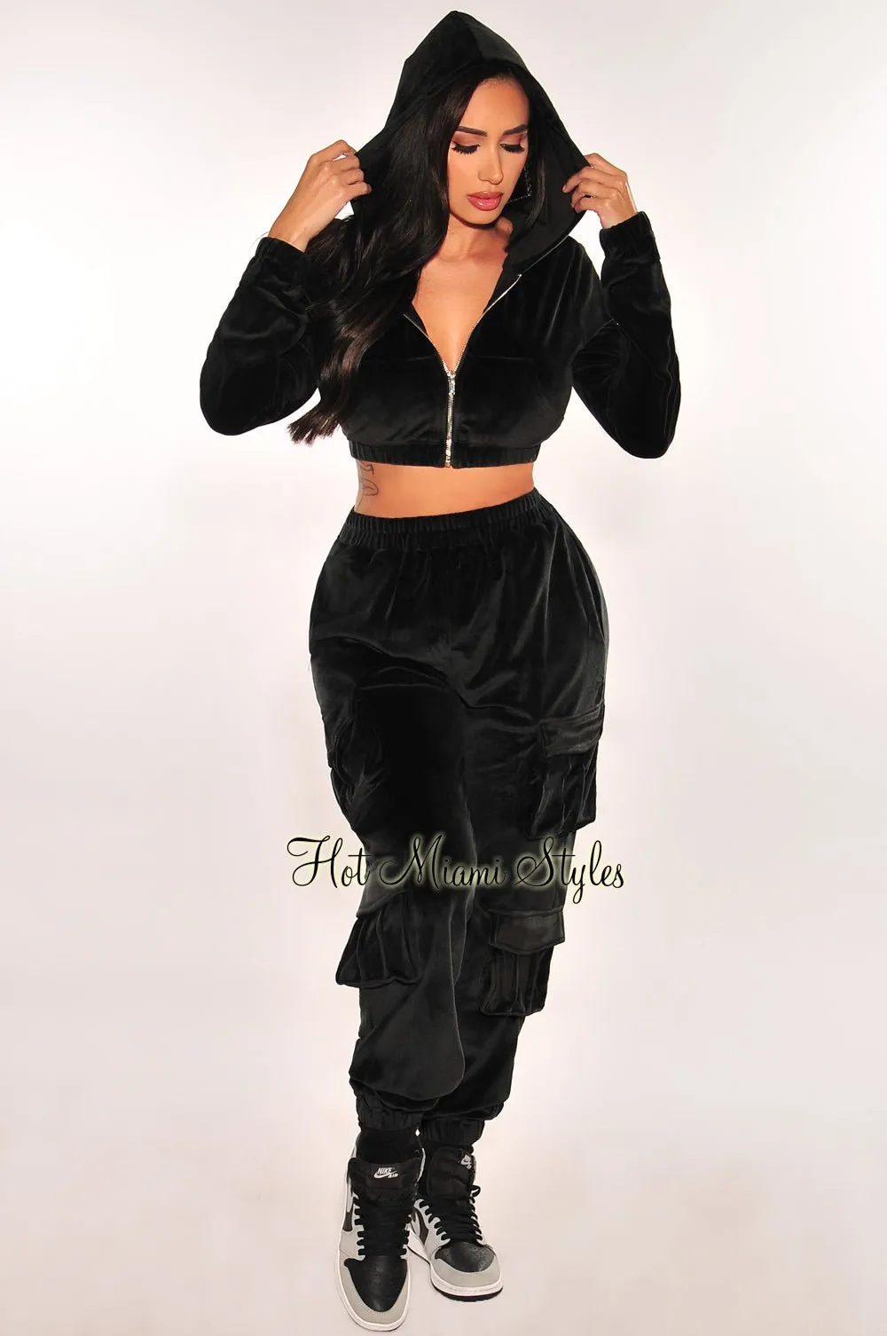 Black Velour Long Sleeve Zip Up Hooded Cargo Joggers Two Piece Set