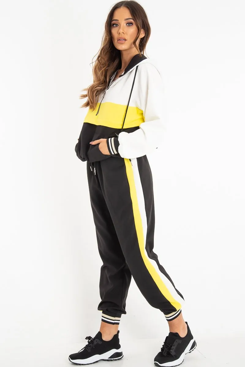 Black Yellow Cuffed Hem Tie Waist Joggers - Kaci