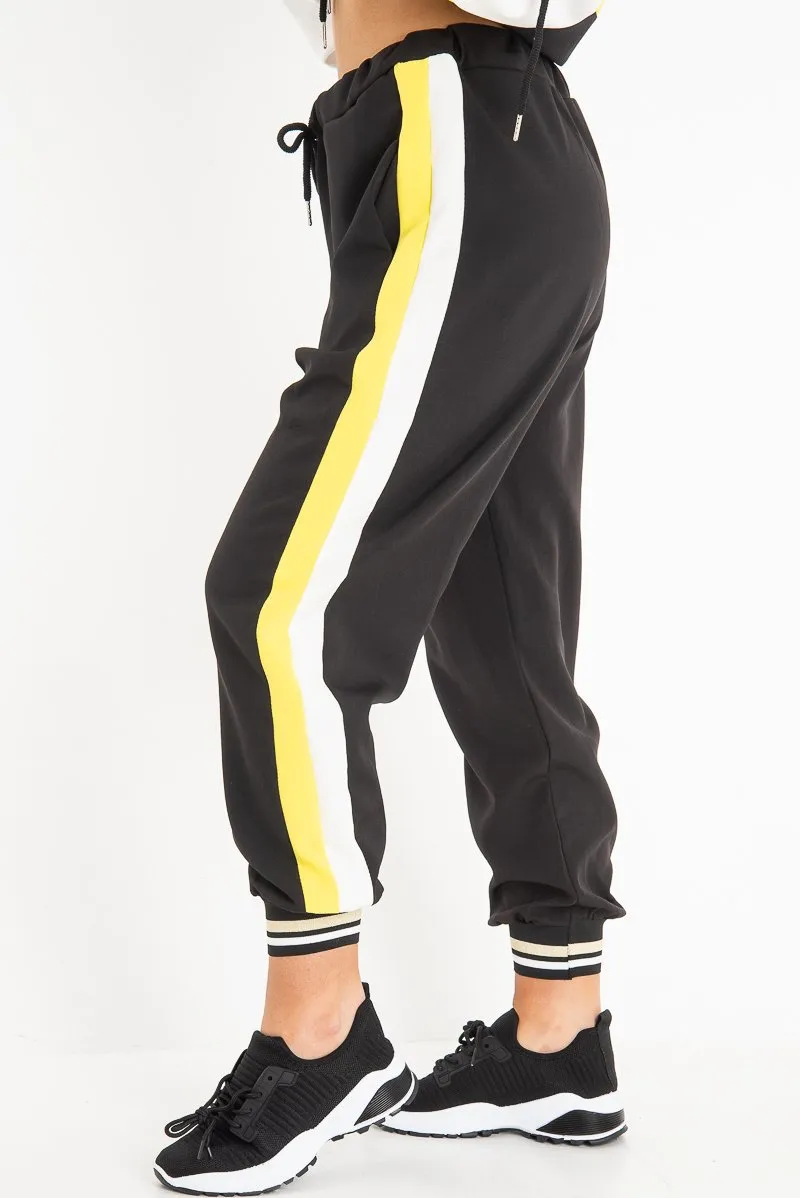 Black Yellow Cuffed Hem Tie Waist Joggers - Kaci