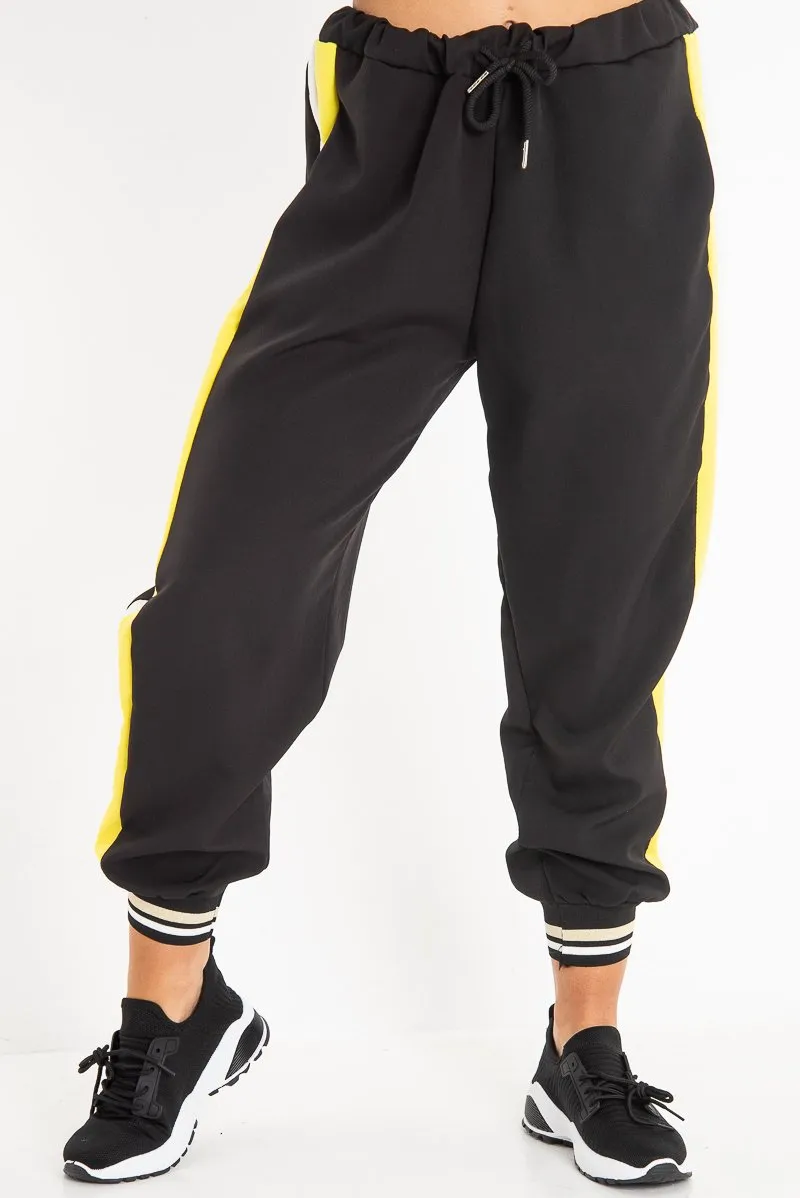 Black Yellow Cuffed Hem Tie Waist Joggers - Kaci