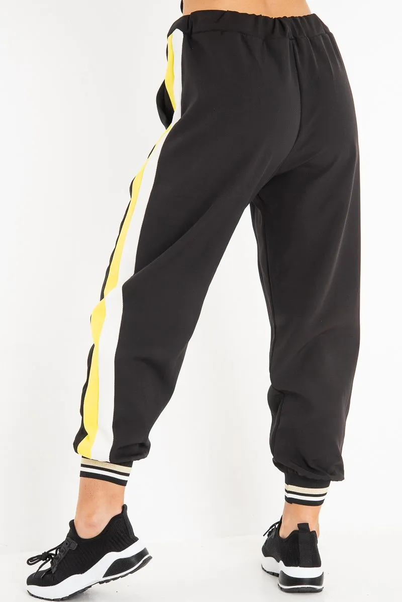 Black Yellow Cuffed Hem Tie Waist Joggers - Kaci