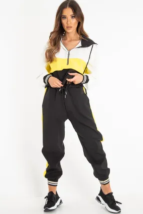 Black Yellow Cuffed Hem Tie Waist Joggers - Kaci