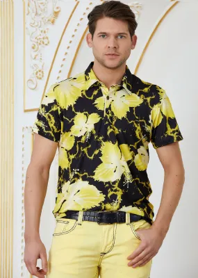 Black Yellow Leaf Spandex Polo