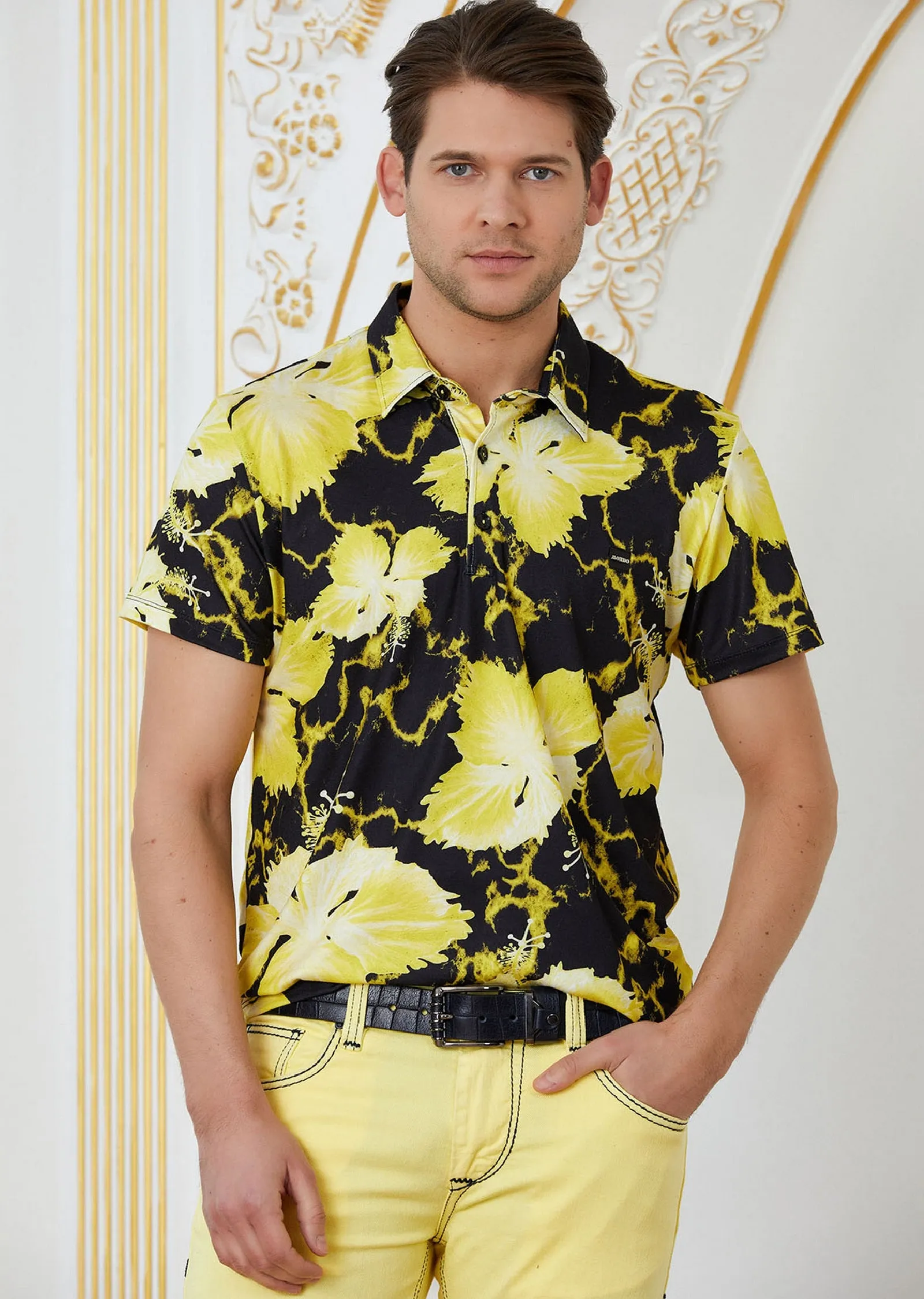 Black Yellow Leaf Spandex Polo