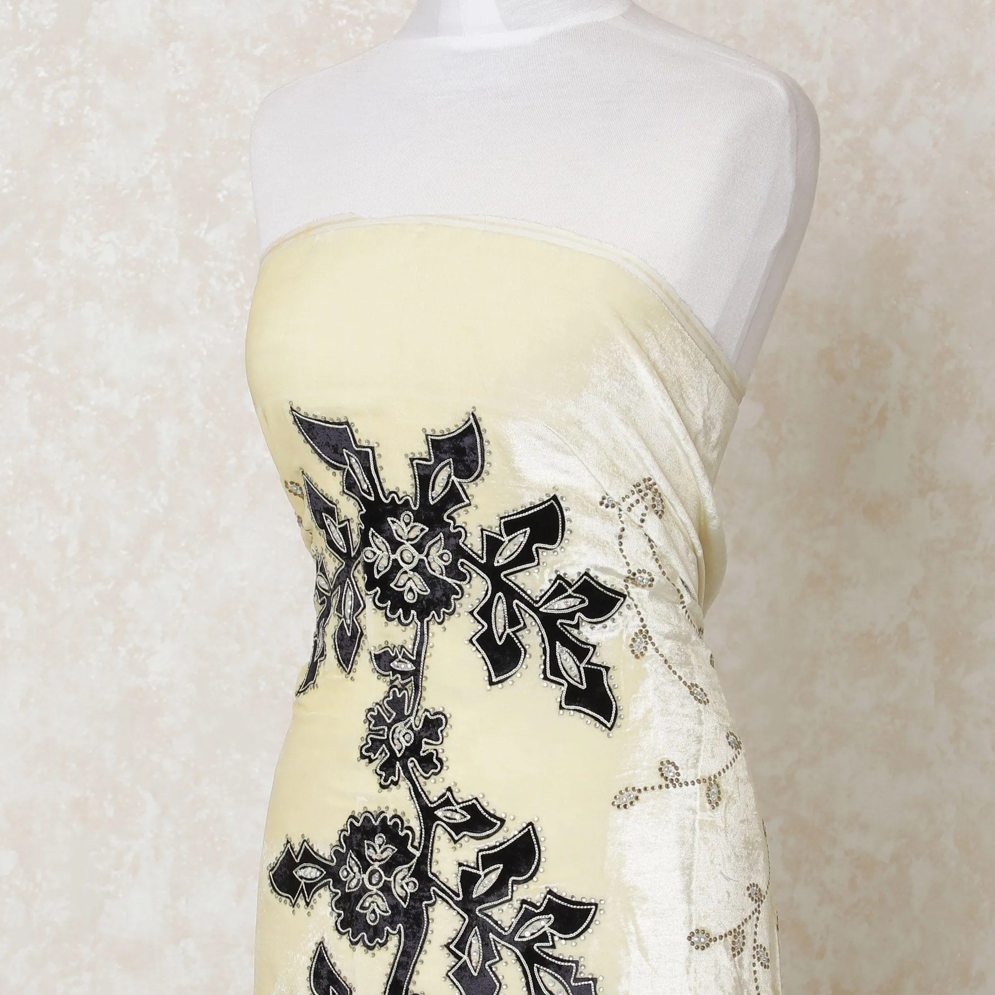 Blonde yellow silk blended velvet fabric with black patch work embroidery having stone in fancy design-D12013