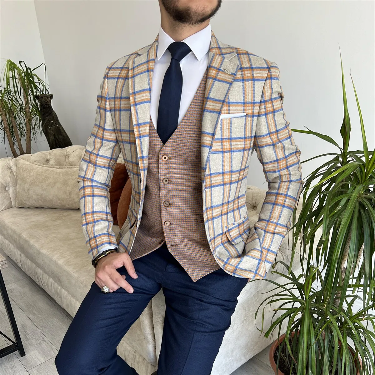 Bojoni Cagliari Orange Plaid Slim-Fit Suit 3-Piece