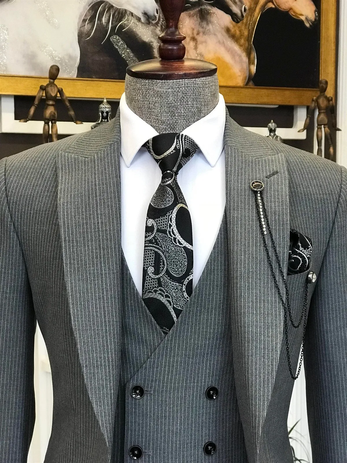 Bojoni Grey Striped Slim-Fit Suit 3-Piece