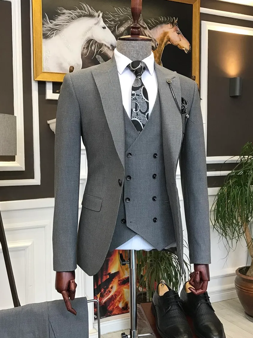 Bojoni Grey Striped Slim-Fit Suit 3-Piece