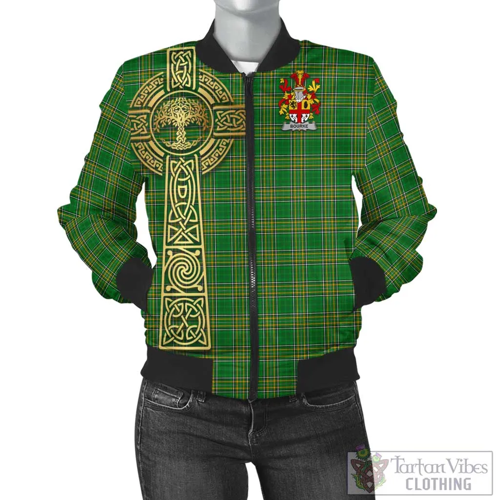 Bourke Irish Clan Tartan Bomber Jacket with Coat of Arms Celtic Tree of Life Style