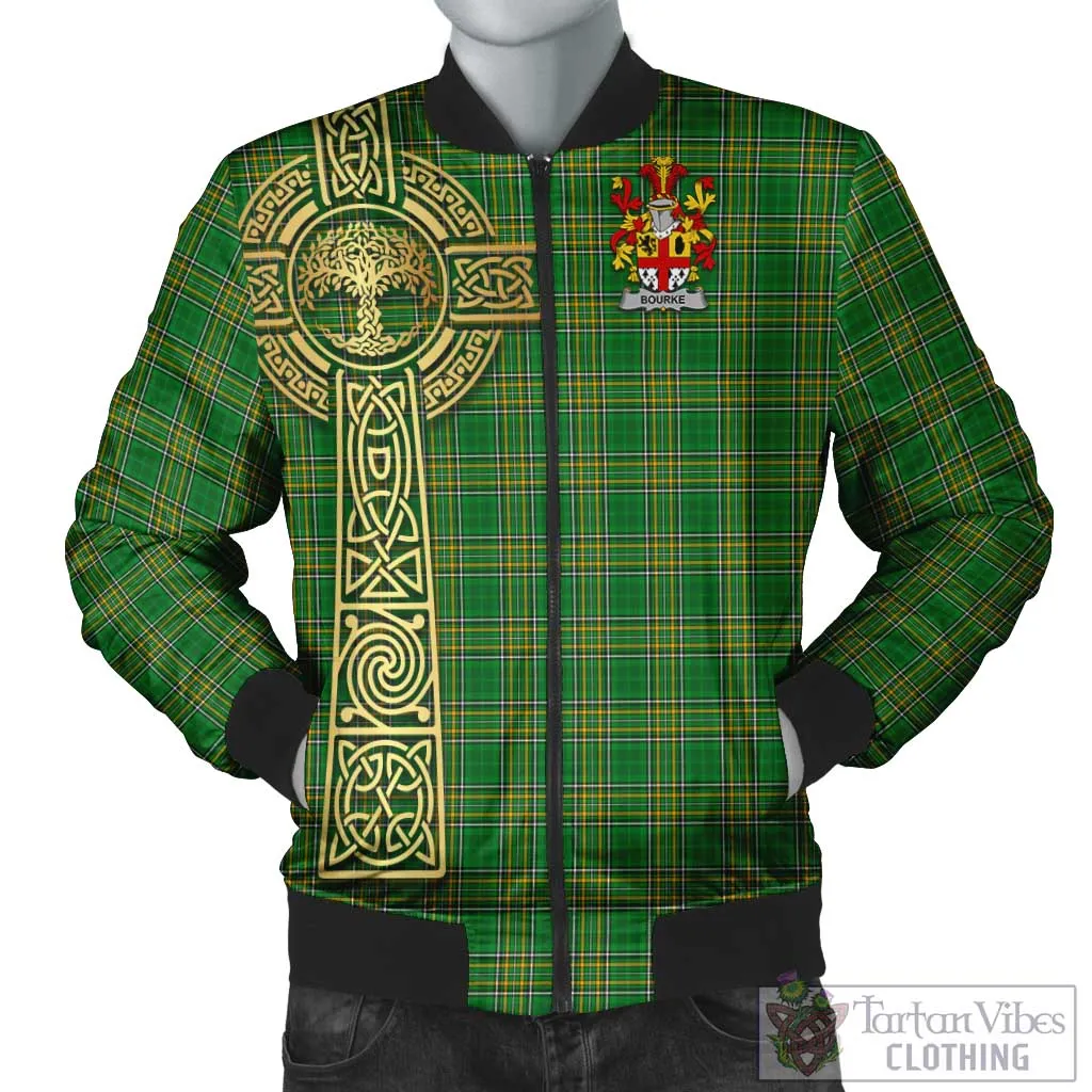 Bourke Irish Clan Tartan Bomber Jacket with Coat of Arms Celtic Tree of Life Style