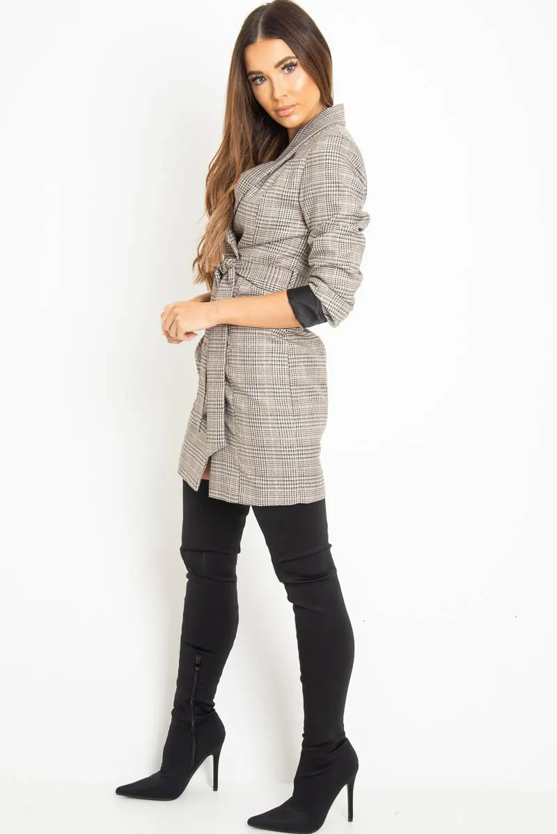 Brown Check Horn Button Belted Blazer Dress - Portlyn