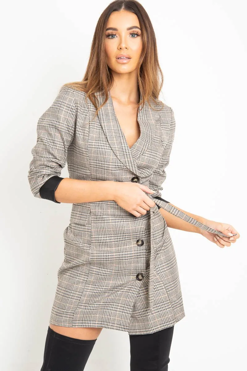 Brown Check Horn Button Belted Blazer Dress - Portlyn