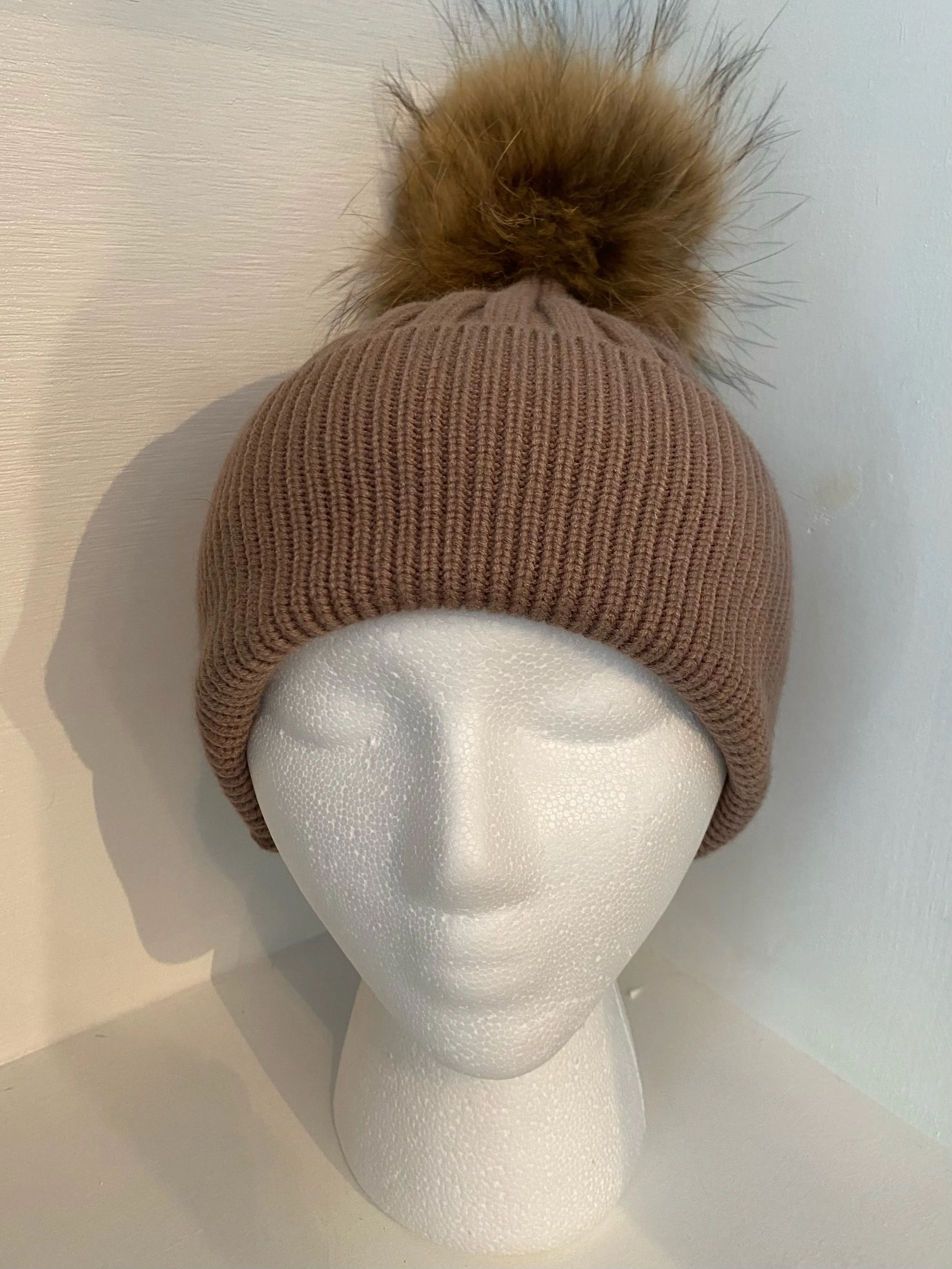 Brown Wool Knit Hat with Pompom