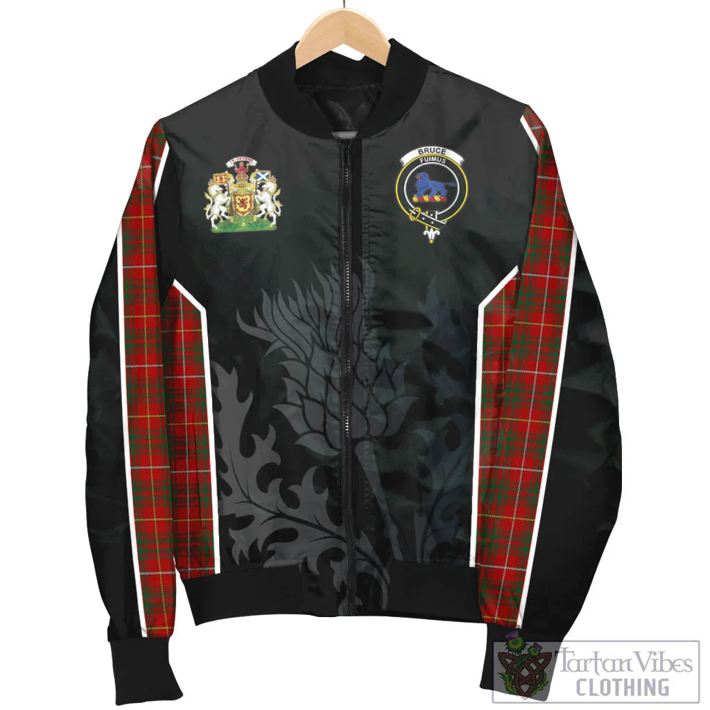 Bruce Tartan Bomber Jacket with Family Crest and Scottish Thistle Vibes Sport Style