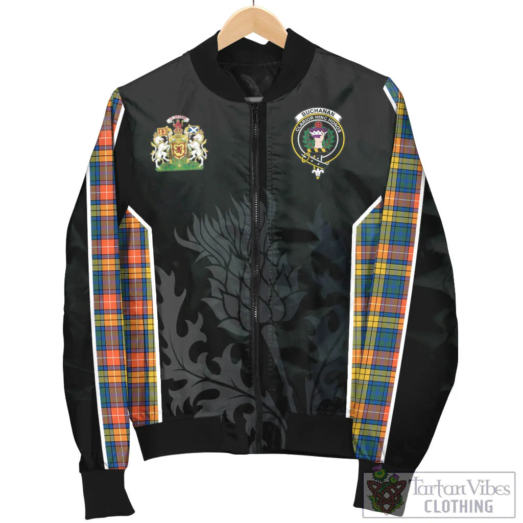 Buchanan Ancient Tartan Bomber Jacket with Family Crest and Scottish Thistle Vibes Sport Style