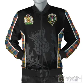 Buchanan Ancient Tartan Bomber Jacket with Family Crest and Scottish Thistle Vibes Sport Style