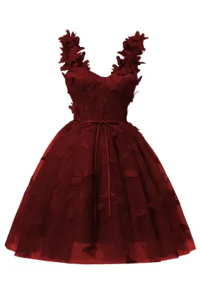 Burgundy 3D Butterfly Lace Applique Tulle Homecoming Dress for Teens Sweetheart Mini Short Prom Dresses