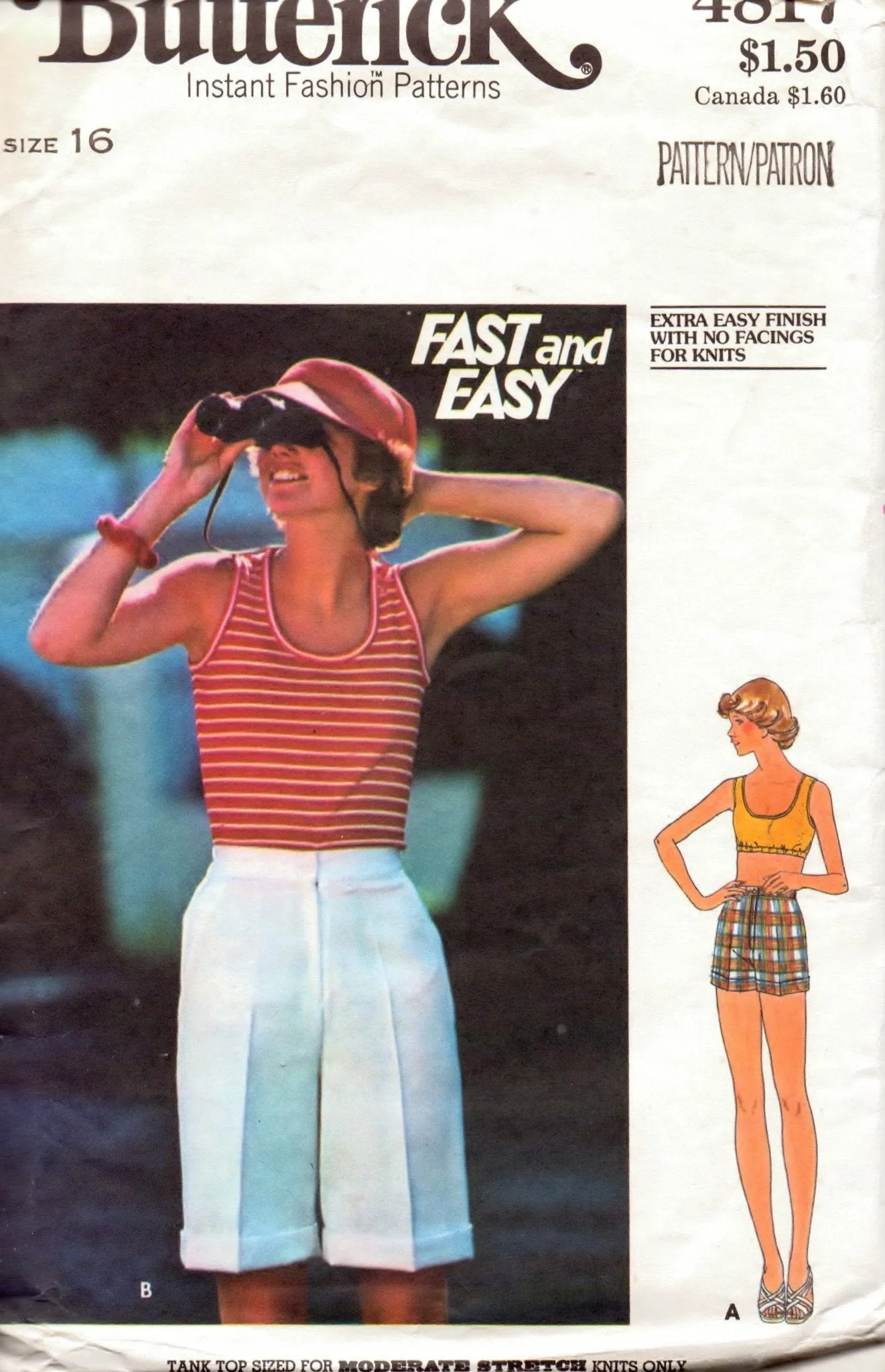 Butterick 4817 Ladies Tank Top Shorts Vintage 1970's Sewing Pattern